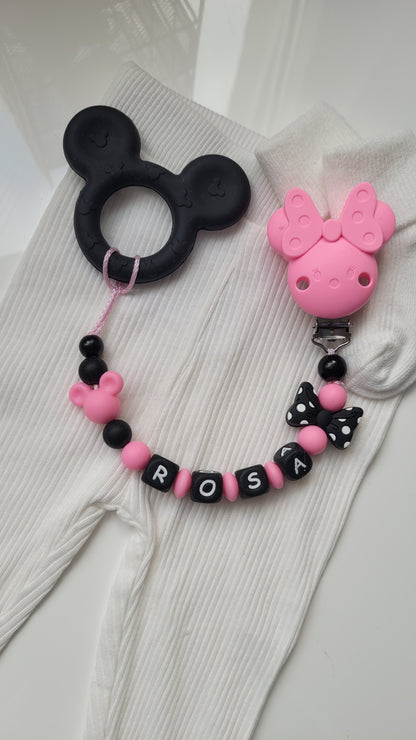 3 in 1 Beissring Schnullerkette mit Namen  Maus pink schwarz
