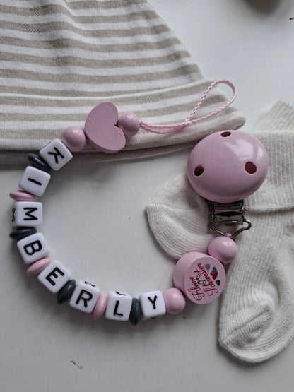 Schnullerkette mit Namen für Mädchen Kleine Schwester rosa grau personalisiert