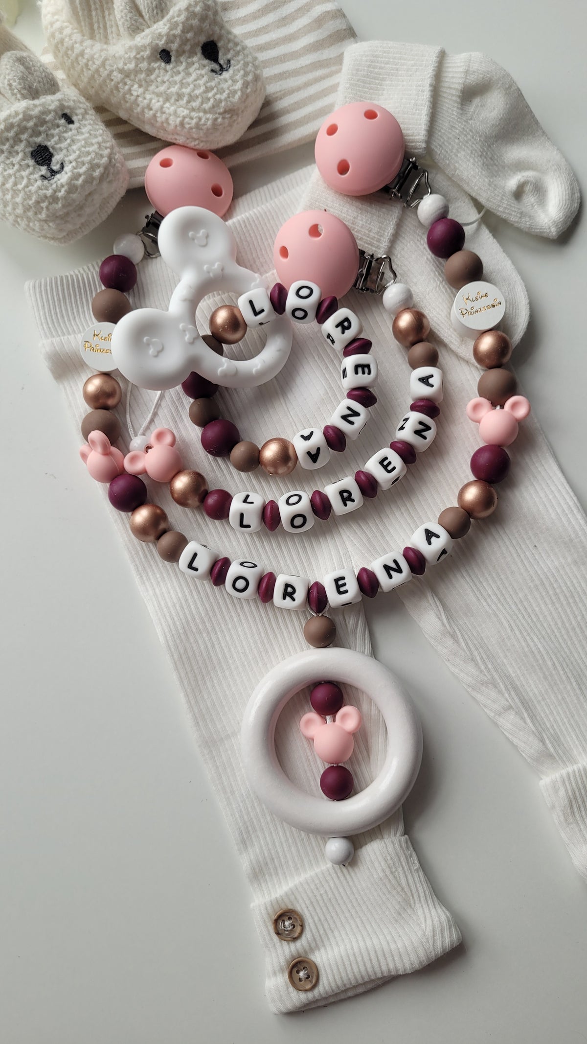 3er Set Kinderwagenkette & Schnullerkette mit Namen + Greifring für Mädchen Maus