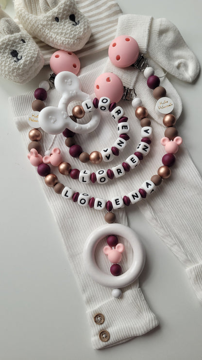 3er Set Kinderwagenkette & Schnullerkette mit Namen + Greifring für Mädchen Maus
