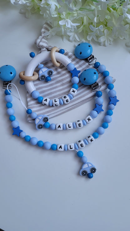 3tlg.Set Schnullerkette Kinderwagenkette & Greifring mit Namen Auto blau