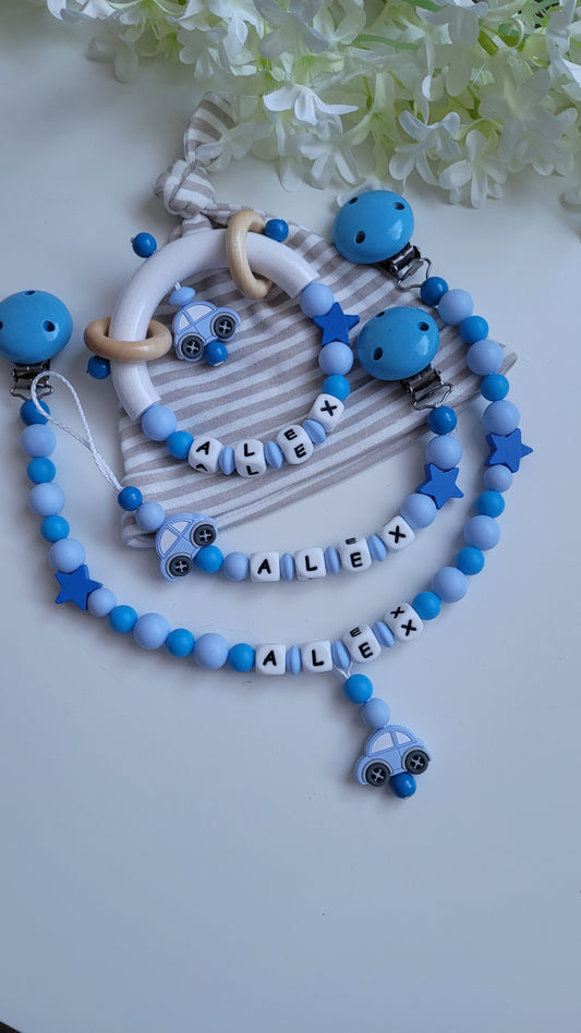 3tlg.Set Schnullerkette Kinderwagenkette & Greifring mit Namen Auto blau