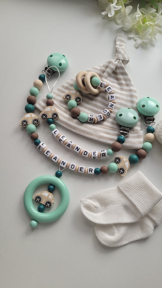 3er Set Schnullerkette Kinderwagenkette & Beissring mit Namen Autos mint petrol braun