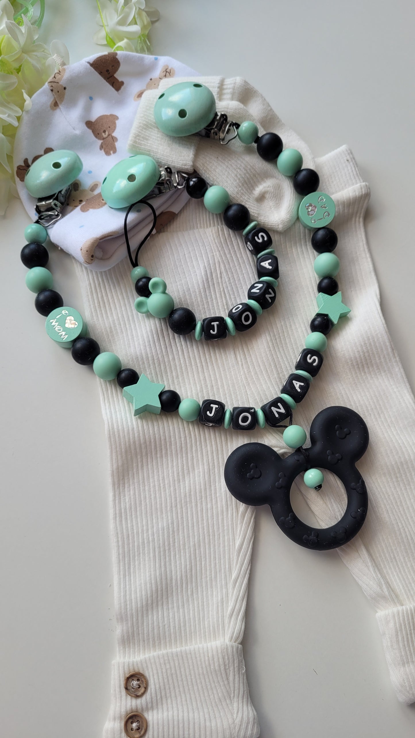 Kinderwagenkette & Schnullerkette mit Namen Maus | mint | JULEVI