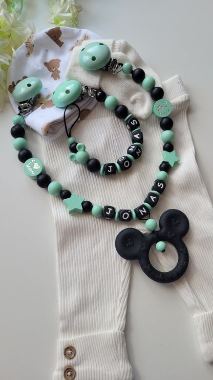 Kinderwagenkette & Schnullerkette mit Namen Maus | mint | JULEVI