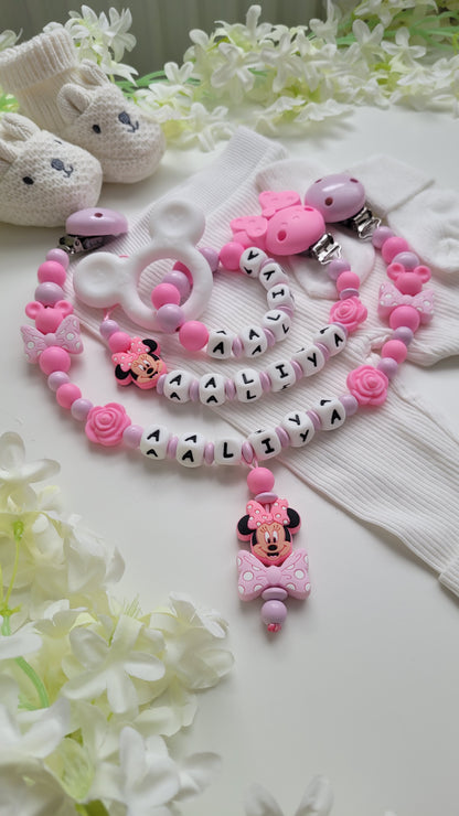 3tlg Set Pink Maus Schnullerkette Kinderwagenkette und Greifring
