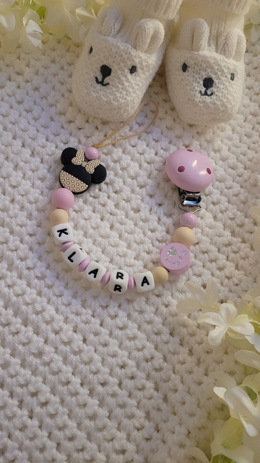 Schnullerkette mit Namen für Mädchen Maus beige rose