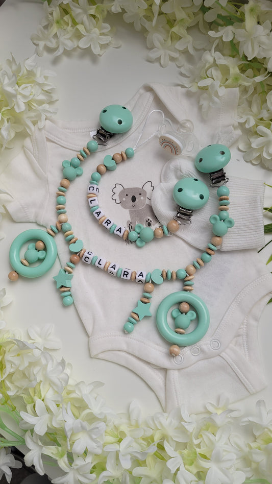 Kinderwagenkette & Schnullerkette Set Maus mint holz