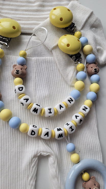 Kinderwagenkette & Schnullerkette Set mit Namen Bärchen buttergelb hellblau Holz Silikon | personalisiert