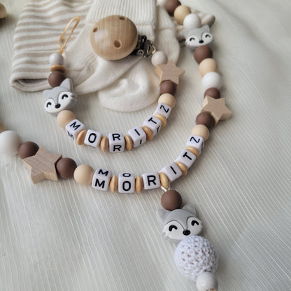 Kinderwagenkette & Schnullerkette Set Baby Fuchs für Jungen dunkelbraun beige weiss holz