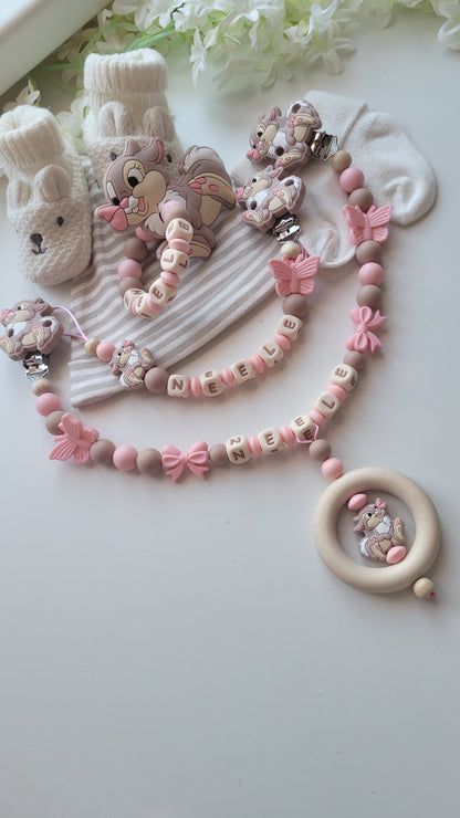 3tlg Set Schnullerkette Kinderwagenkette Beissring Hase Schmetterling apricot taupe