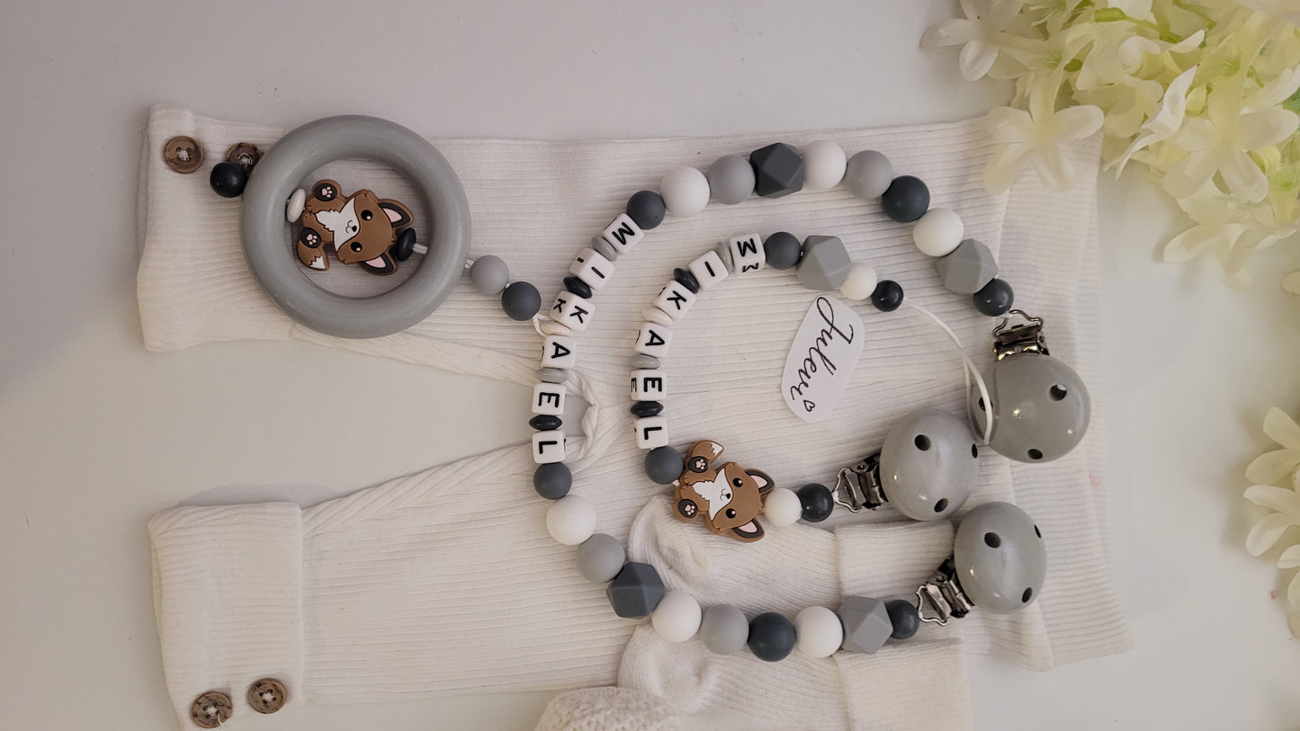 Kinderwagenkette & Schnullerkette mit Namen Fuchs grau