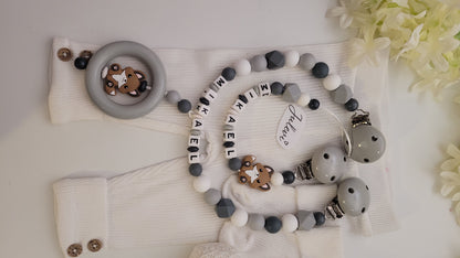 Kinderwagenkette & Schnullerkette mit Namen Fuchs grau