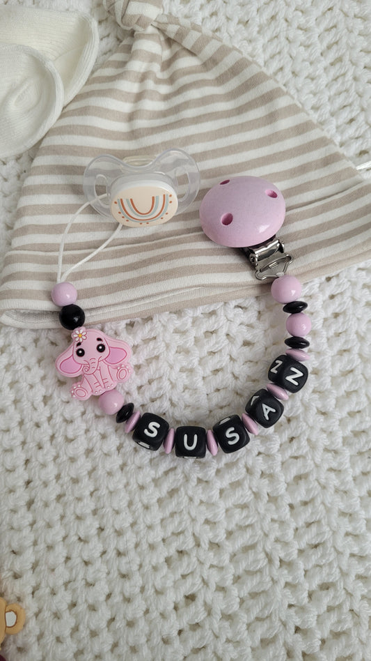 Schnullerkette mit Namen für Mädchen Elefant rosa
