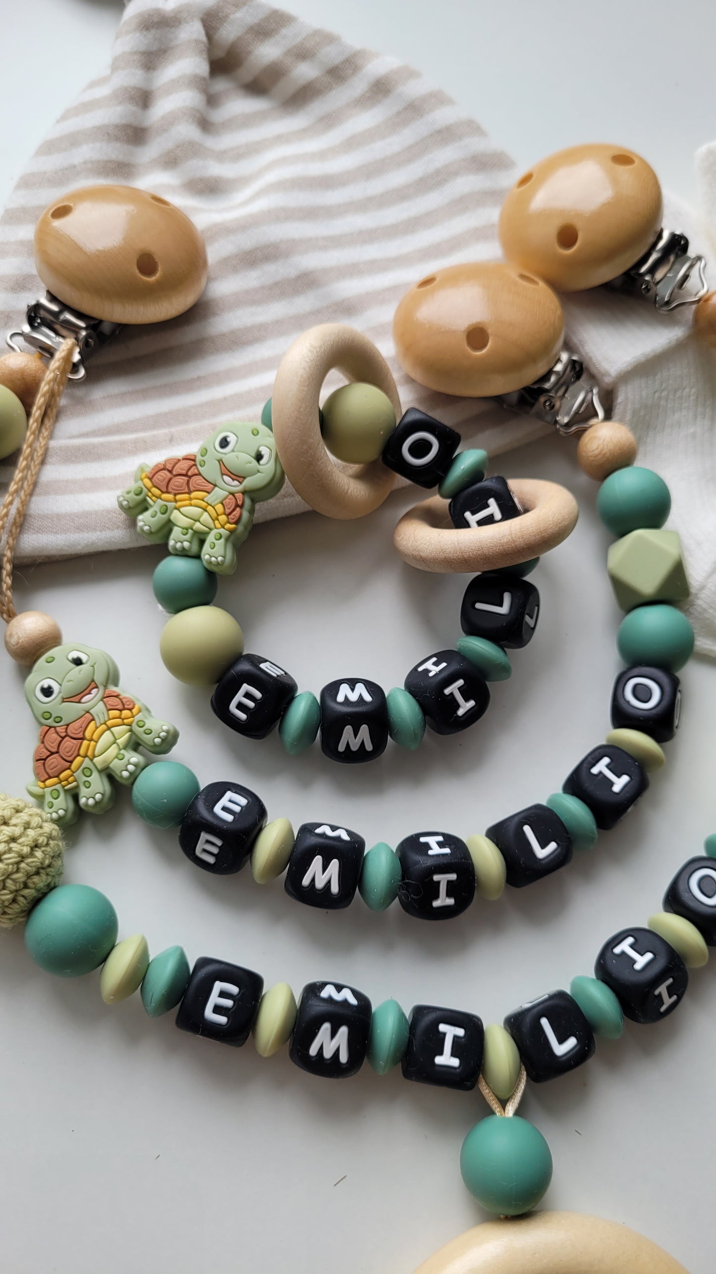 3er Set Schnullerkette Kinderwagenkette & Beissring mit Namen Schildkröte grün blaugrün