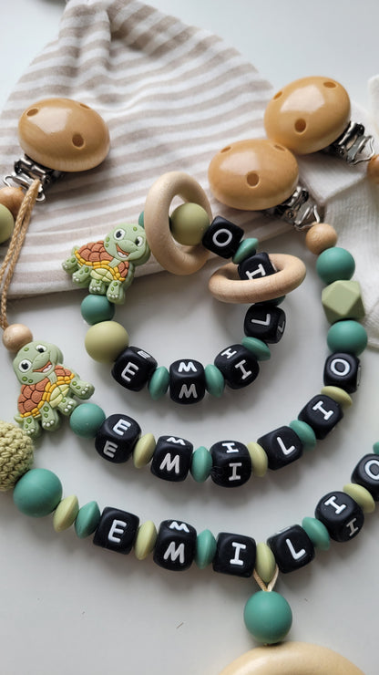 3er Set Schnullerkette Kinderwagenkette & Beissring mit Namen Schildkröte grün blaugrün