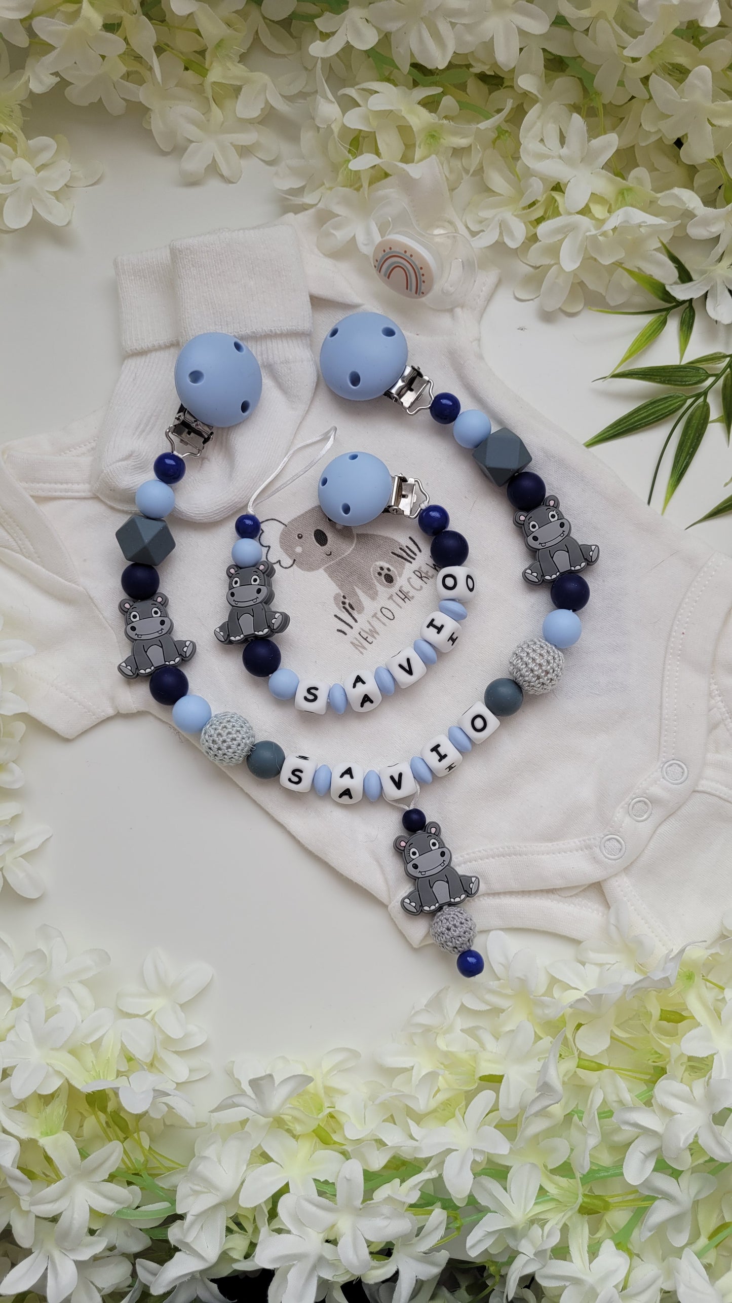 Kinderwagenkette & Schnullerkette *Nilpferd* hellblau