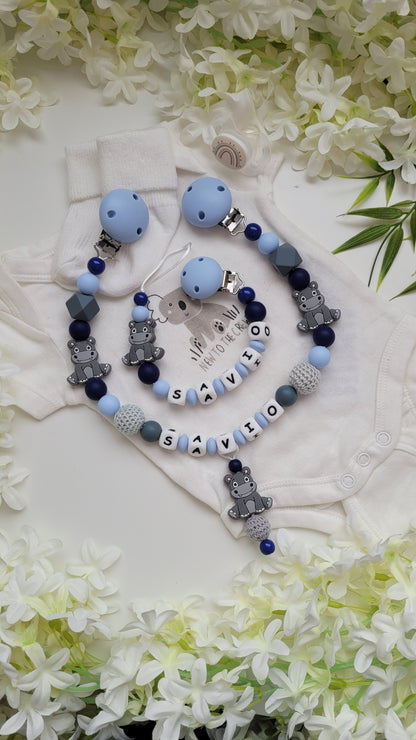 Kinderwagenkette & Schnullerkette *Nilpferd* hellblau