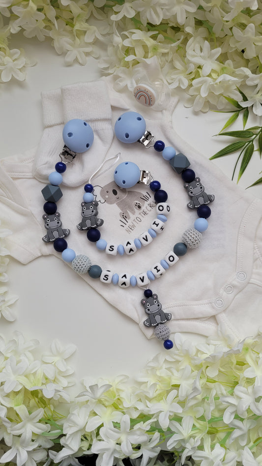 Kinderwagenkette & Schnullerkette *Nilpferd* hellblau