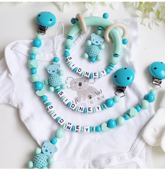 3tlg.Set Schnullerkette Kinderwagenkette & Greifring Teddy türkis