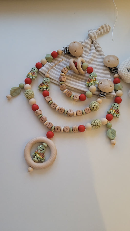 3er Set Schnullerkette Kinderwagenkette & Beissring mit Namen Schildkröte beige rost grün
