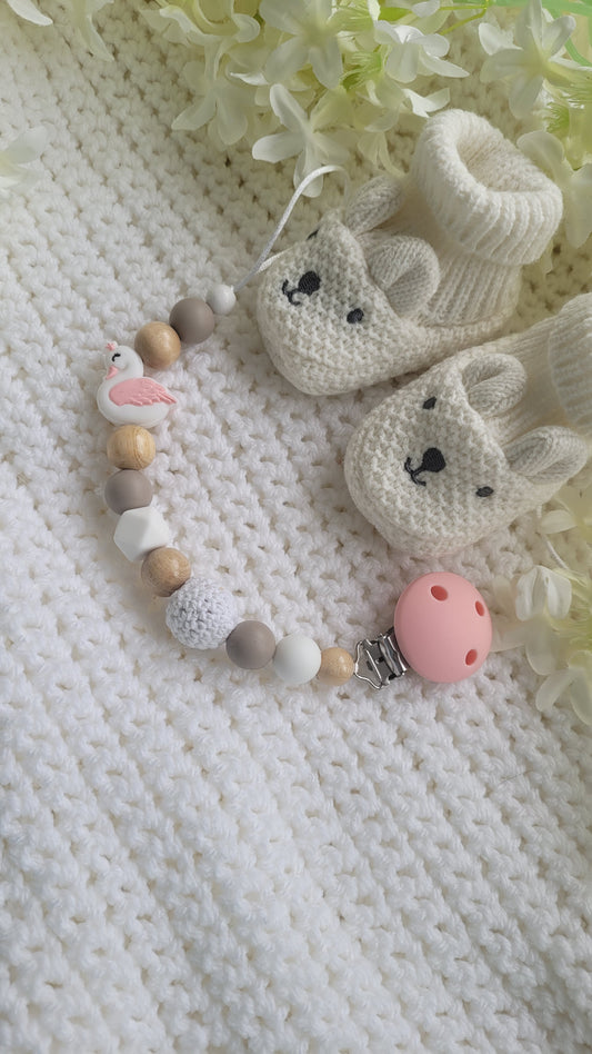 Schnullerkette Schwan taupe weiss