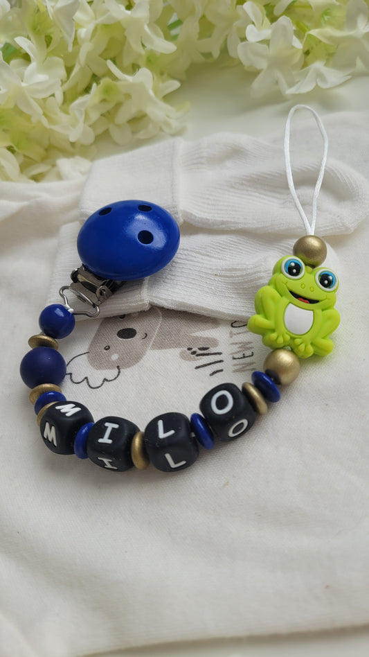 Schnullerkette mit Namen für Jungen königlich Frosch blau gold