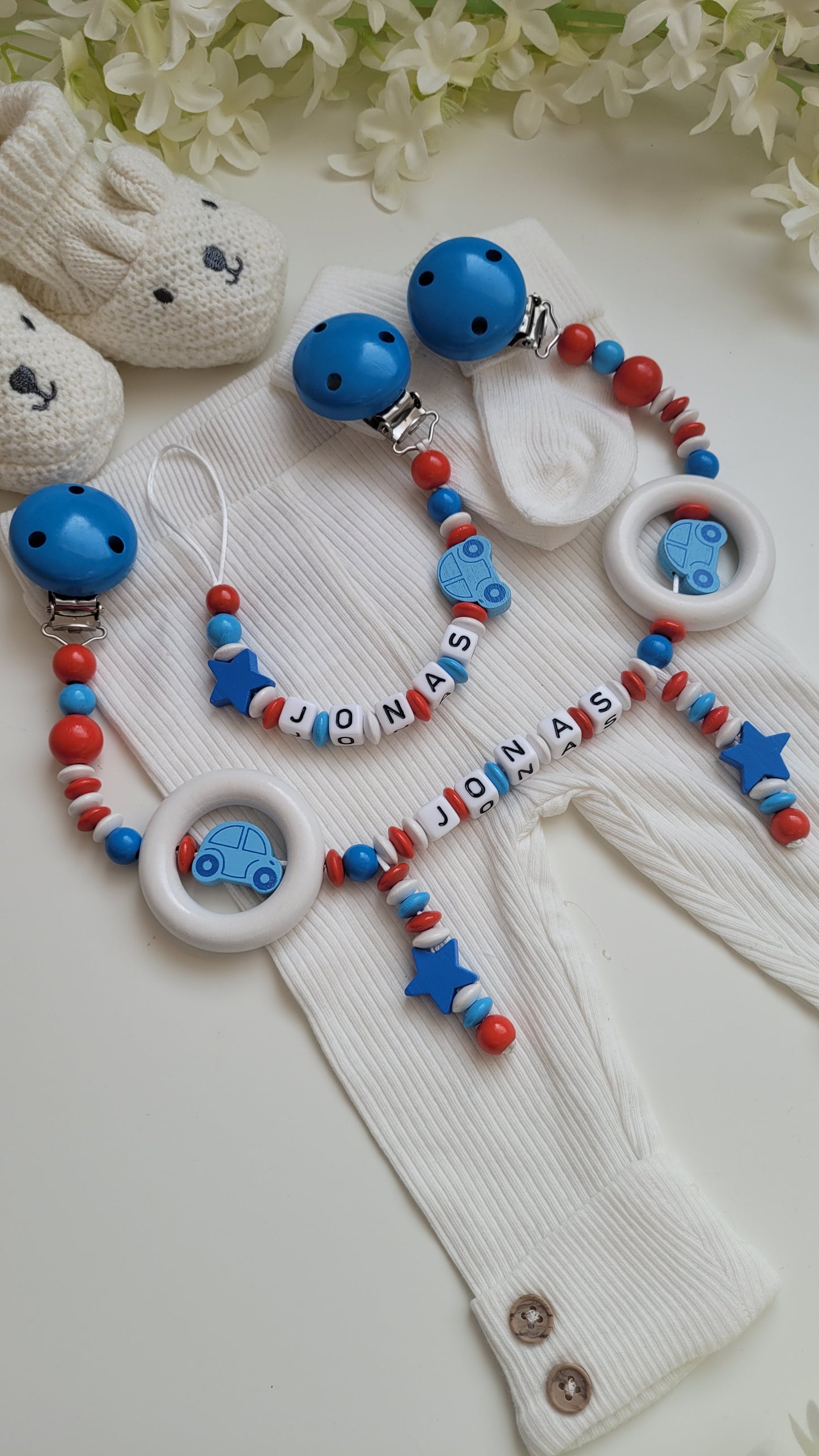 Kinderwagenkette & Schnullerkette mit Namen Auto Spielringe