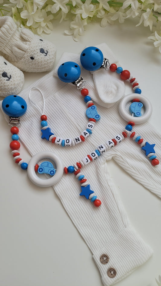 Kinderwagenkette & Schnullerkette mit Namen Auto Spielringe