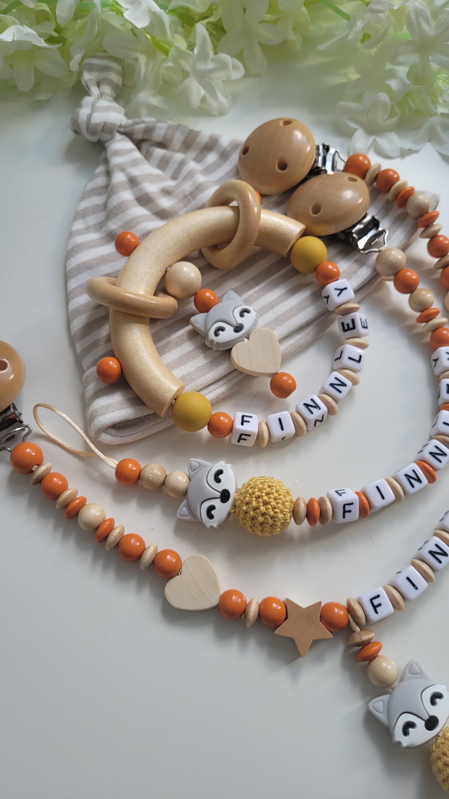 3tlg.Set Schnullerkette Kinderwagenkette & Greifring Fuchs orange holz