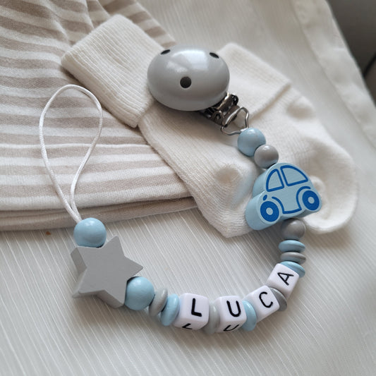 Schnullerkette für Jungen mit Namen Auto & Stern grau blau
