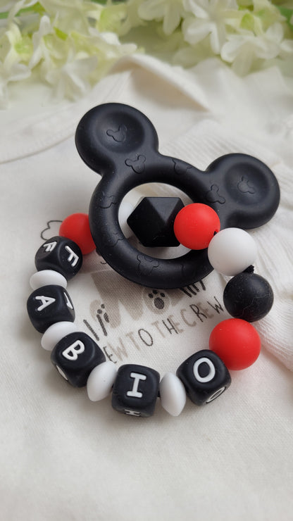 3tlg Set Schnullerkette Kinderwagenkette Greifling Mickey Maus  schwarz rot