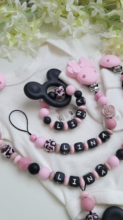 3tlg Set Minnie Maus Maus rosa Personalisierte Schnullerkette & Kinderwagenkette inkl. Beissring mit Wunschnamen