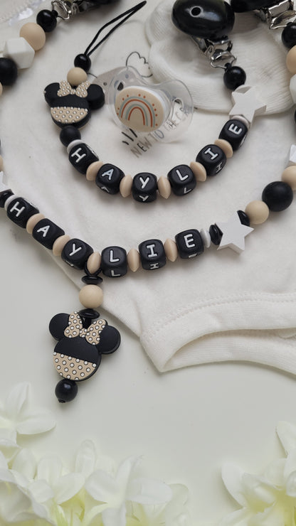 Kinderwagenkette & Schnullerkette *Minnie Prinzessin* beige schwarz