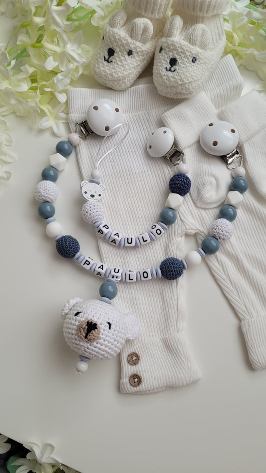 Kinderwagenkette & Schnullerkette mit Namen weiß rauchblau