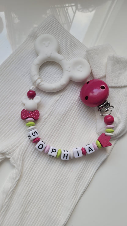 3 in 1 Beissring Schnullerkette mit Namen  Maus pink grün
