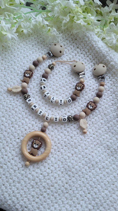 Kinderwagenkette & Schnullerkette Set Baby Löwe beige braun leo