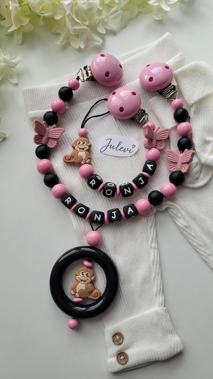 Kinderwagenkette & Schnullerkette Set mit Namen Affe Schmetterling schwarz blush Silikon Holz | personalisiert