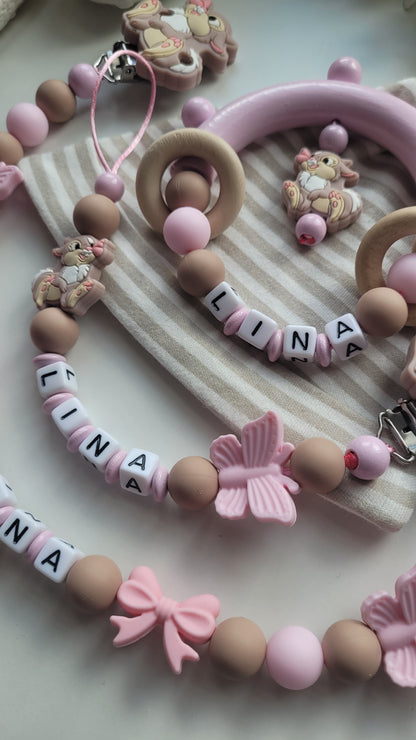 3tlg.Set Schnullerkette Kinderwagenkette & Greifring Hase Schmetterling rosa taupe