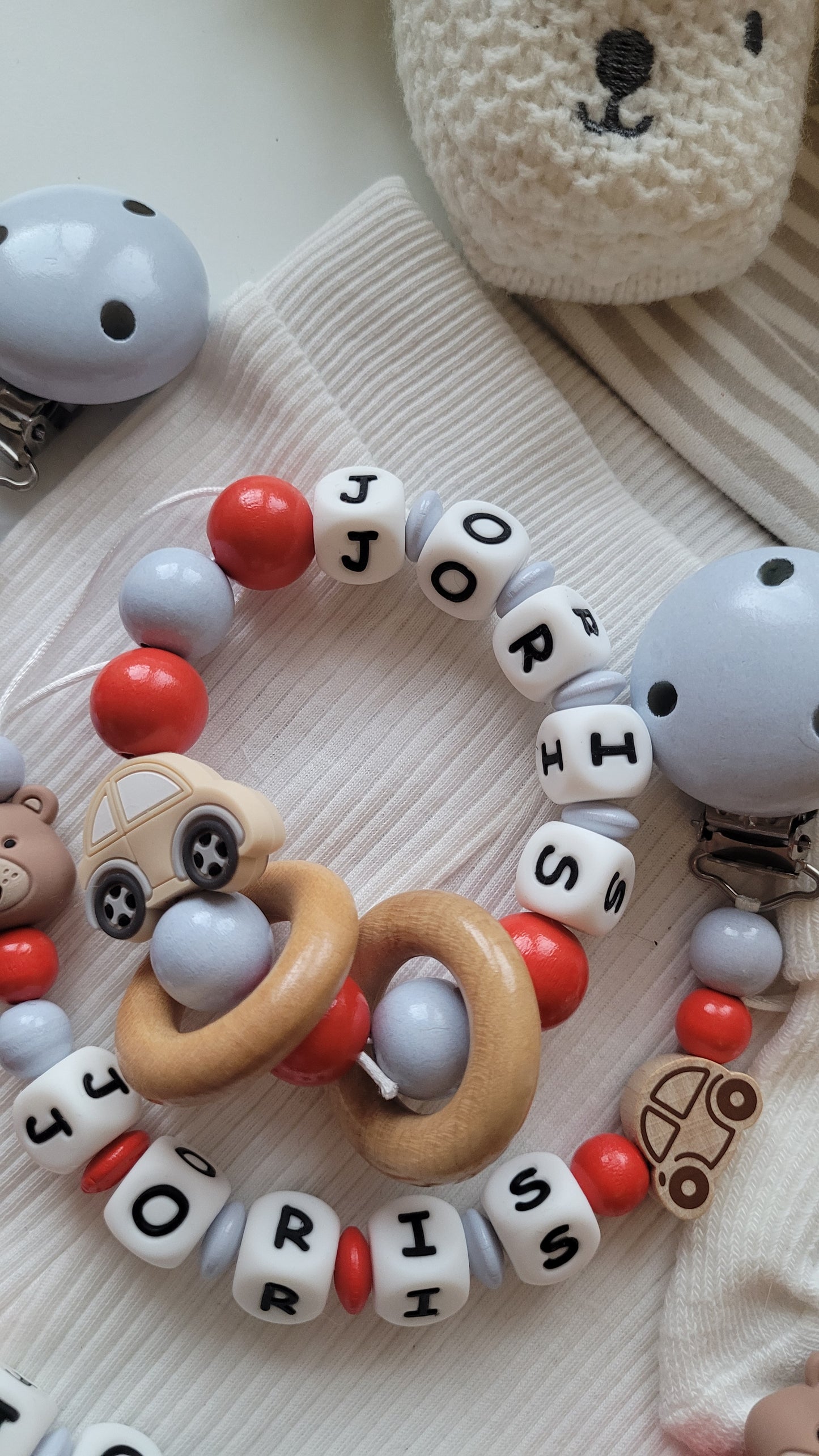 3er Set Schnullerkette Kinderwagenkette & Greifring mit Namen Bärchen Auto