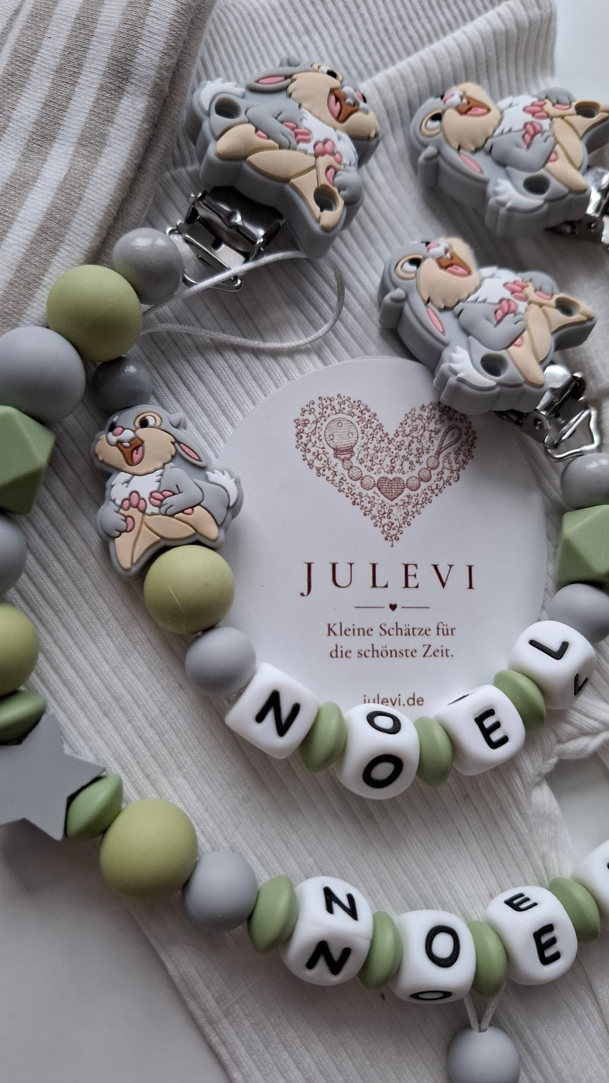 Kinderwagenkette & Schnullerkette Set mit Namen Hase grau grün Silikon | personalisiert