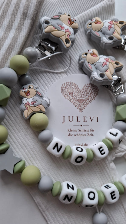 Kinderwagenkette & Schnullerkette Set mit Namen Hase grau grün Silikon | personalisiert