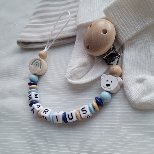 Schnullerkette mit Namen für Jungen Teddy & Regenbogen blau