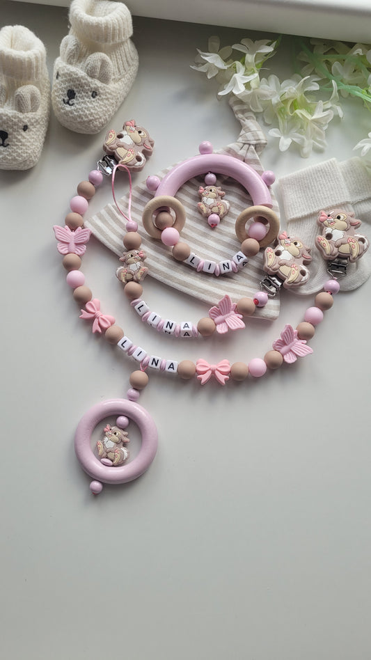 3tlg.Set Schnullerkette Kinderwagenkette & Greifring Hase Schmetterling rosa taupe