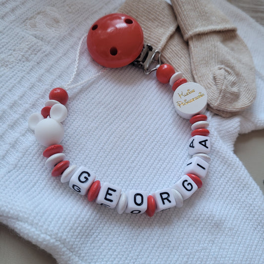 Schnullerkette mit Namen für Mädchen Maus & Kleine Prinzessin rot weiß