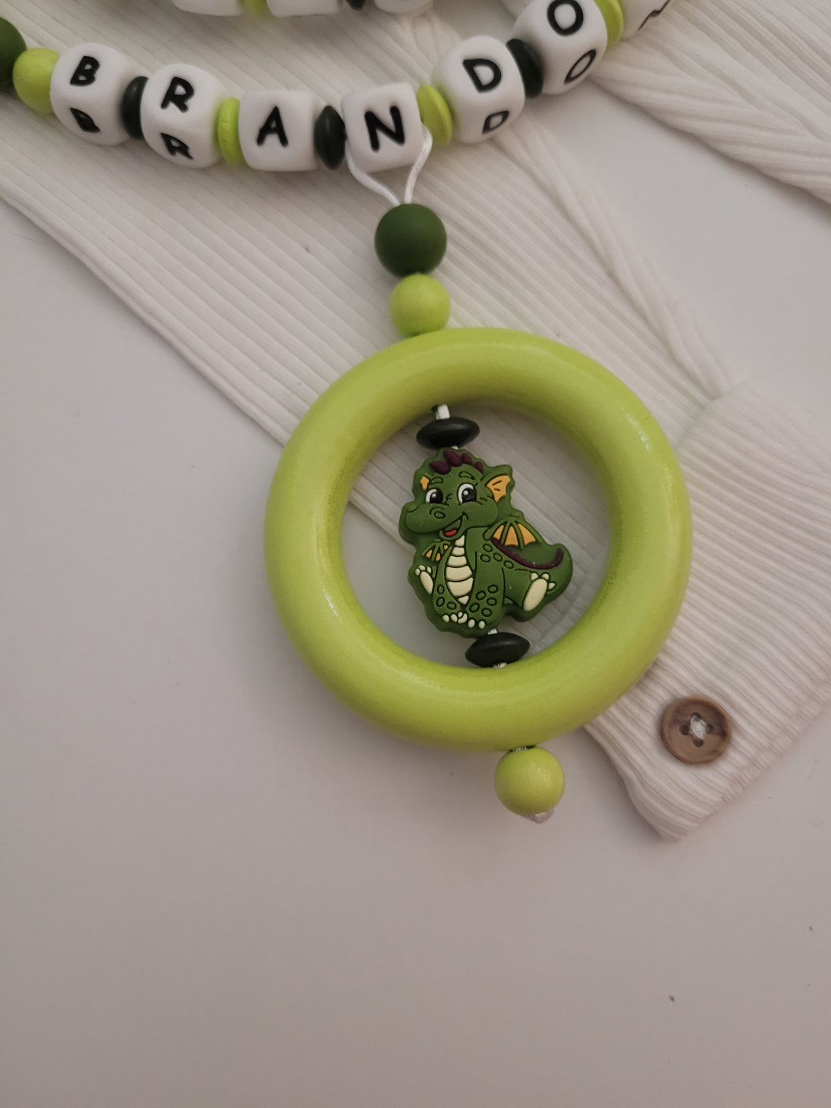 3er Set Schnullerkette, Kinderwagenkette & Beißring mit Namen Drache dunkelgrün hellgrün