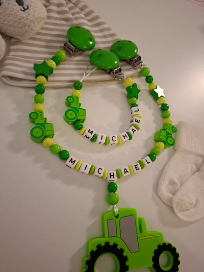 Kinderwagenkette & Schnullerkette Set mit Namen Traktor grün hellgrün personalisiert
