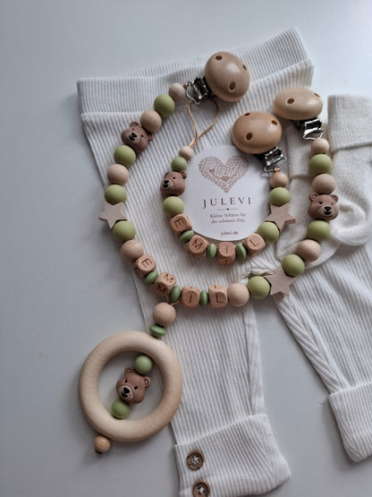 Kinderwagenkette & Schnullerkette Set mit Namen Bärchen grün holz beige Silikon Holz | personalisiert