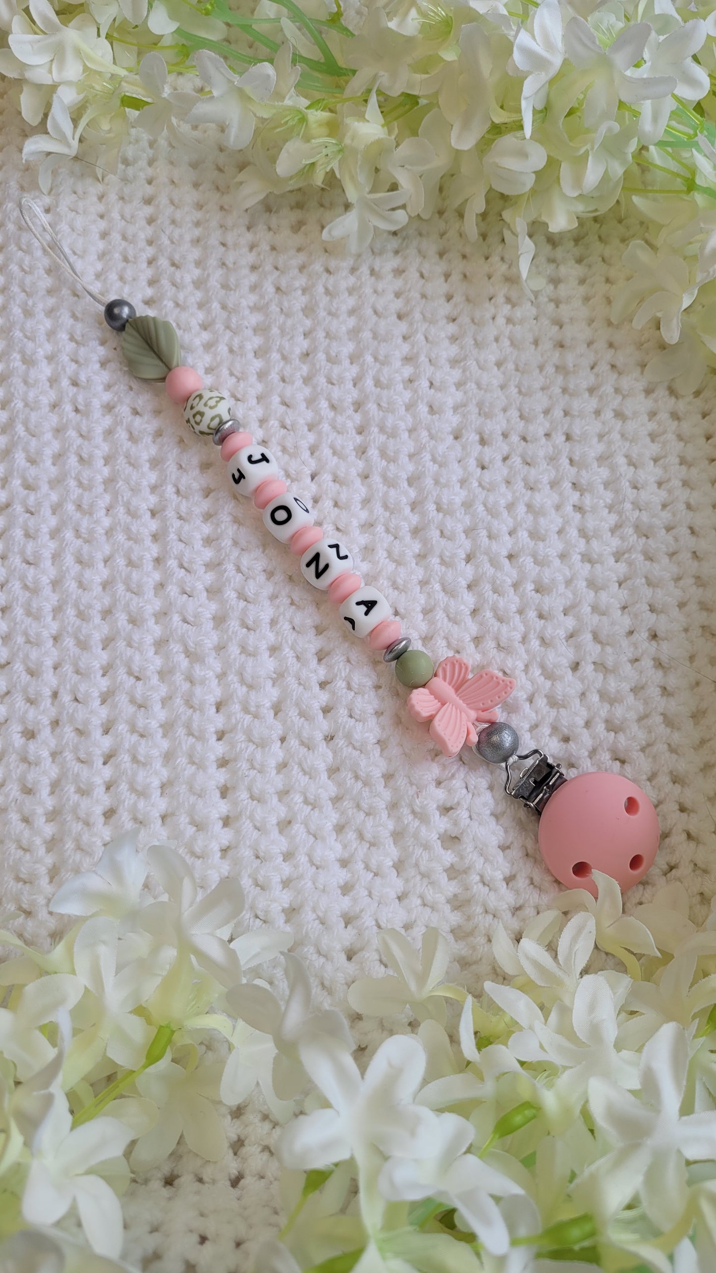 Schnullerkette mit Namen für Mädchen Schmetterling rosa grün silber