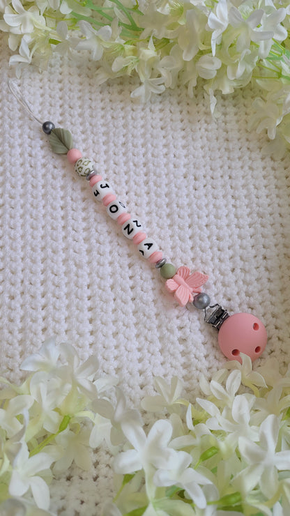 Schnullerkette mit Namen für Mädchen Schmetterling rosa grün silber